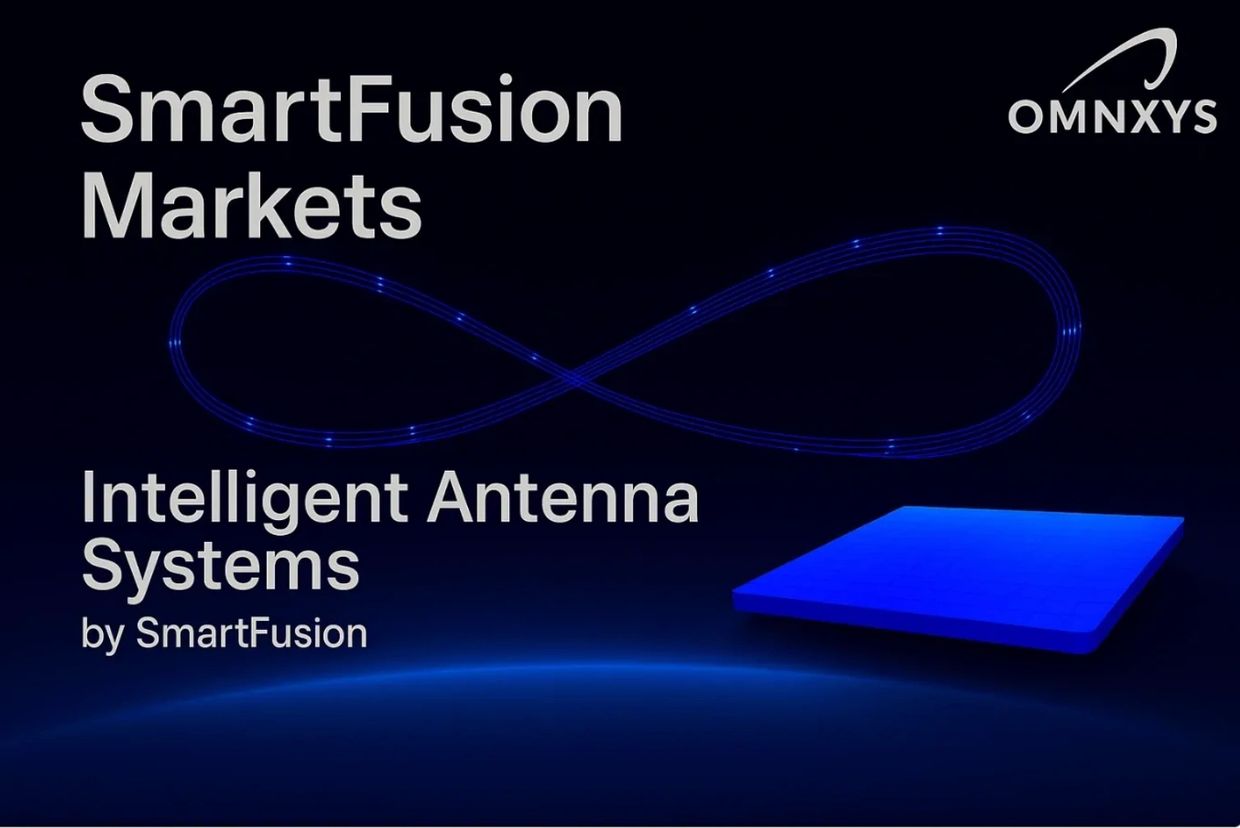 Blue infinity loop above a blue antenna tile