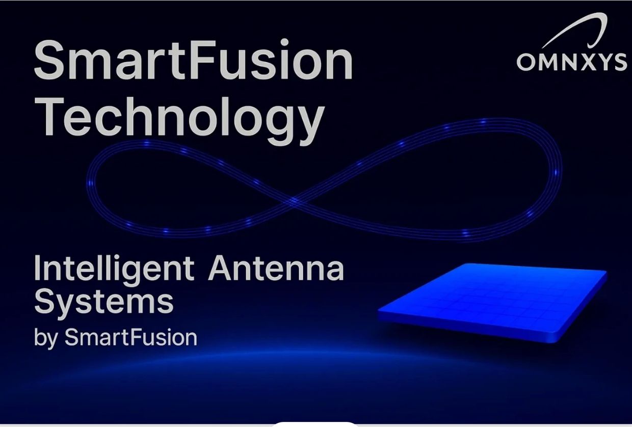 Blue infinity-loop graphic above a glowing blue phased-array antenna tile on a dark background, with