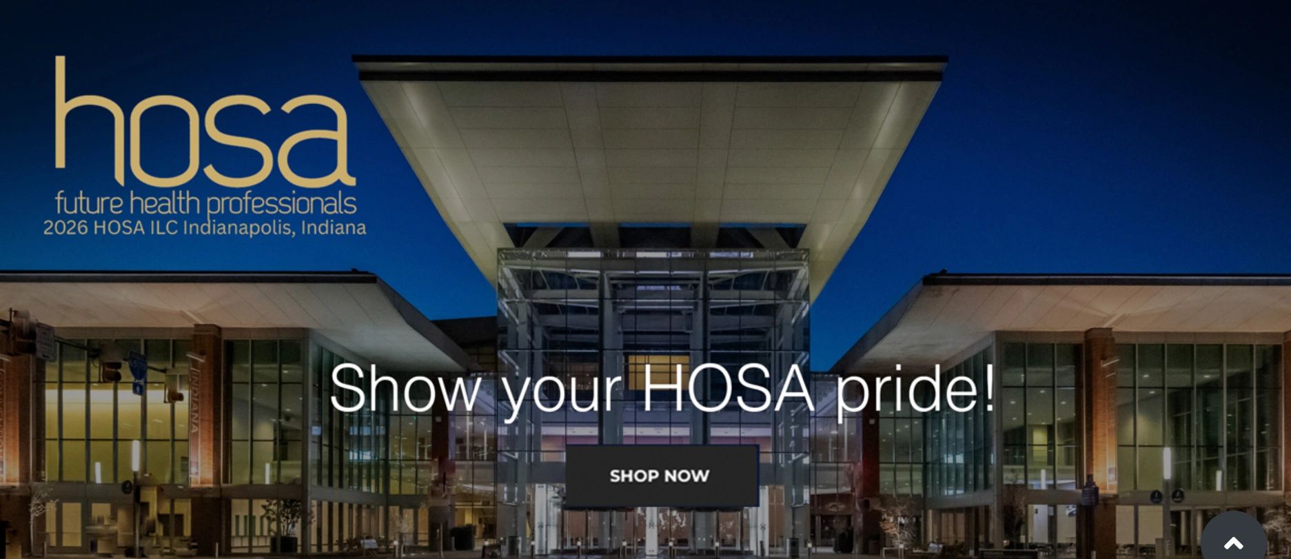 Modern building at night promoting 2026 HOSA ILC in Indianapolis.