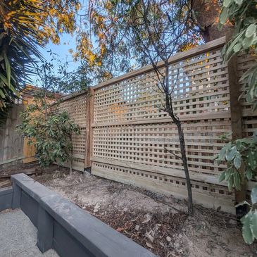 Wooden lattice fence with surrounding trees in a backyard at sunset.