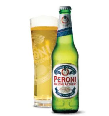 Peroni Nastro Azzurro beer bottle with a filled glass beside it.
