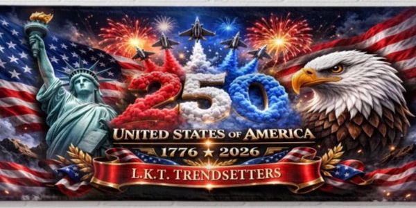Patriotic 250th USA celebration with Statue of Liberty, eagle, and fireworks.