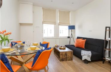 Minimalistic interiors with vibrant colours to serve as a holiday let.