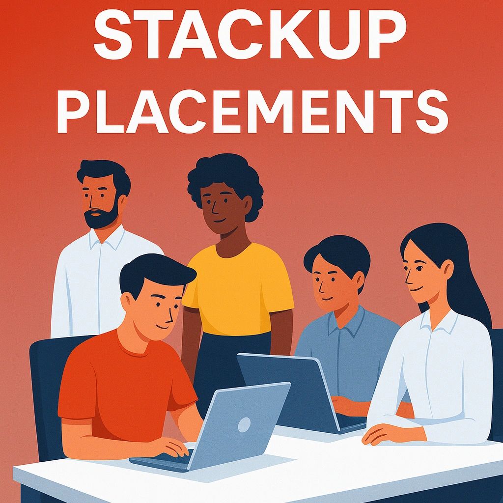 Illustration of a diverse team working together with laptops under the text Stackup Placements.
