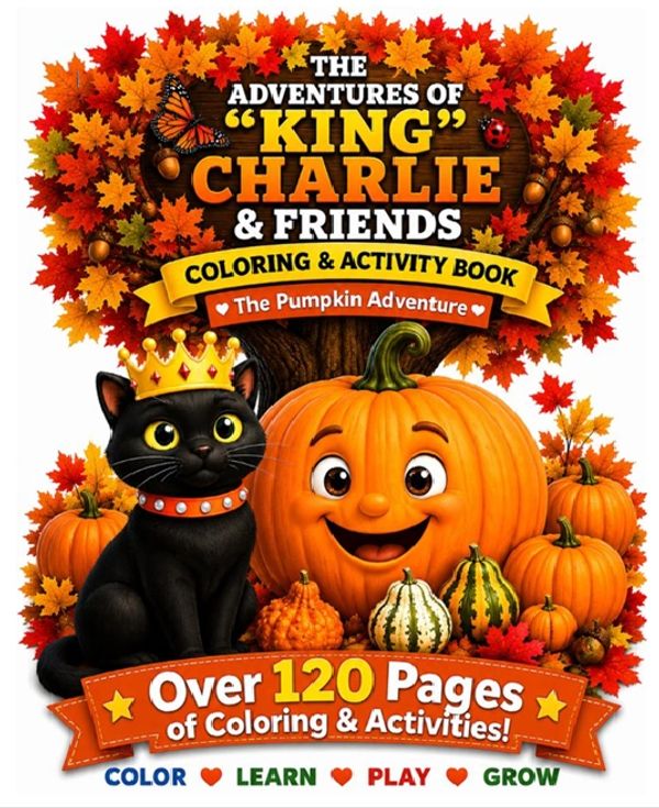 The Pumpkin Adventure is a "KING" Charlie & Friends Coloring & Activity Book with over 120 pages of pumpkin-filled adventures, the whole group of friends, and a hidden smiley-face pumpkin on every page.
