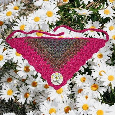 Colorful crochet triangle cloth on white daisies background.
