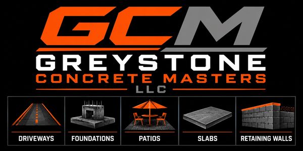 Logo for Greystone Concrete Masters with service icons.