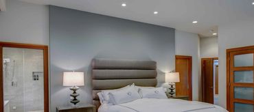 Residential Custom Master Bedroom,
Mater Suite, Contemporary Design, Blue, Walnut Doors, Lighting