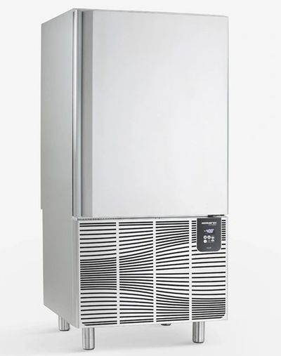 A stainless steel commercial blast chiller with a digital control panel.