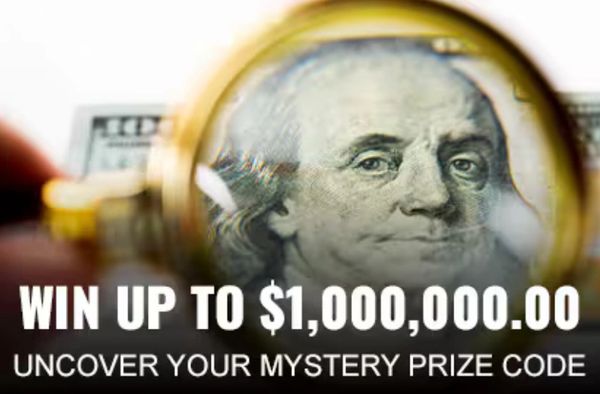 Magnifying glass over Benjamin Franklin on $100 bill with lottery prize text.