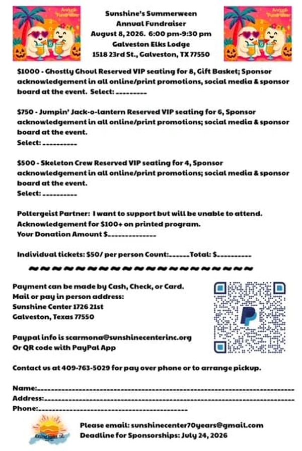 Fundraiser flyer for Sunshine's Summerween event with VIP seating and donation options.