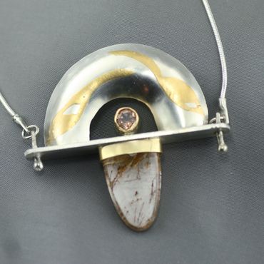 This 20" sterling silver and Keum-boo necklace with chain, confetti sunstone & rutilated quartz