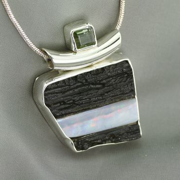 Sterling silver, moldavite, opal and tourmaline pendant