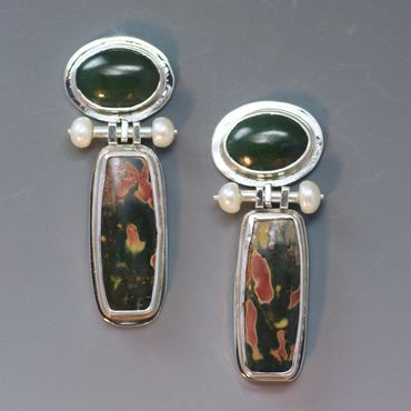 Red creek jasper, jade and pearl post earrings.