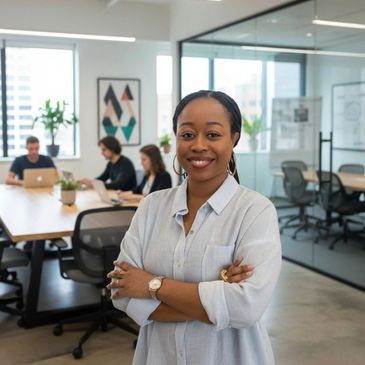 Confident woman standing with arms crossed in a modern office.