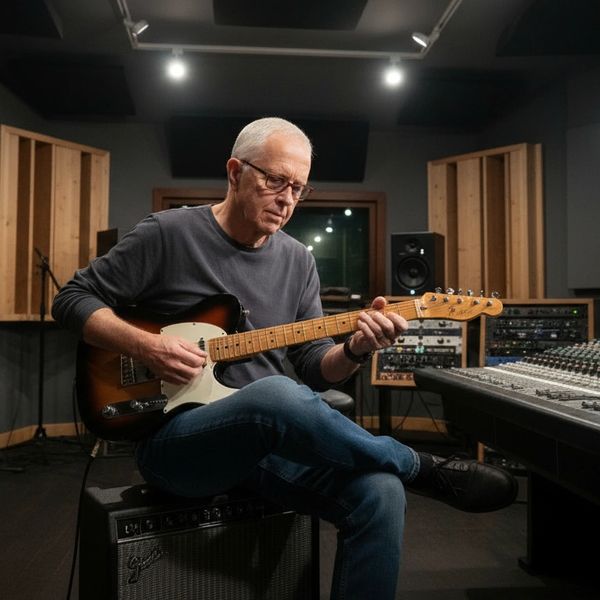 Older man playing electric guitar in a recording studio.