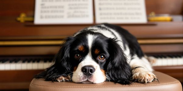 A Cavalier King Charles Spaniel resting on a piano bench.
