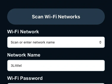 Wi-Fi setup screen with network name input.