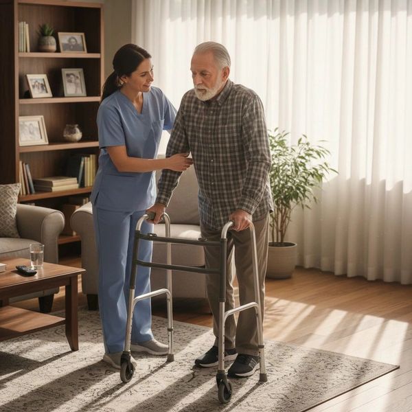 Nurse assisting elderly man using a walker in a cozy living room.