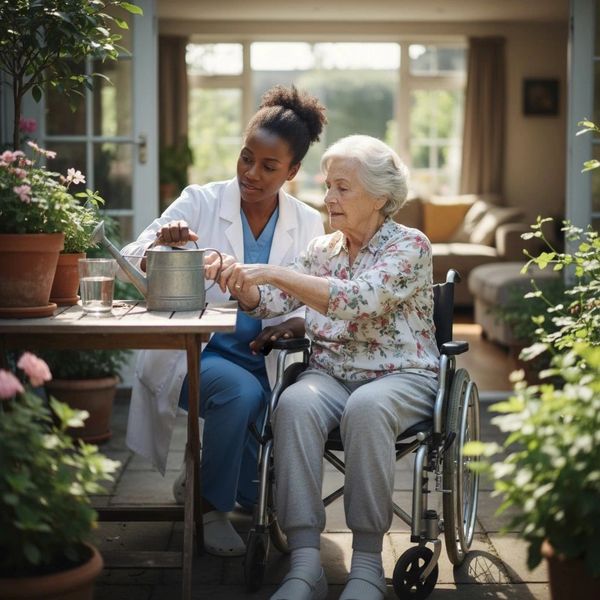Nurse assisting elderly woman in wheelchair with watering plants.