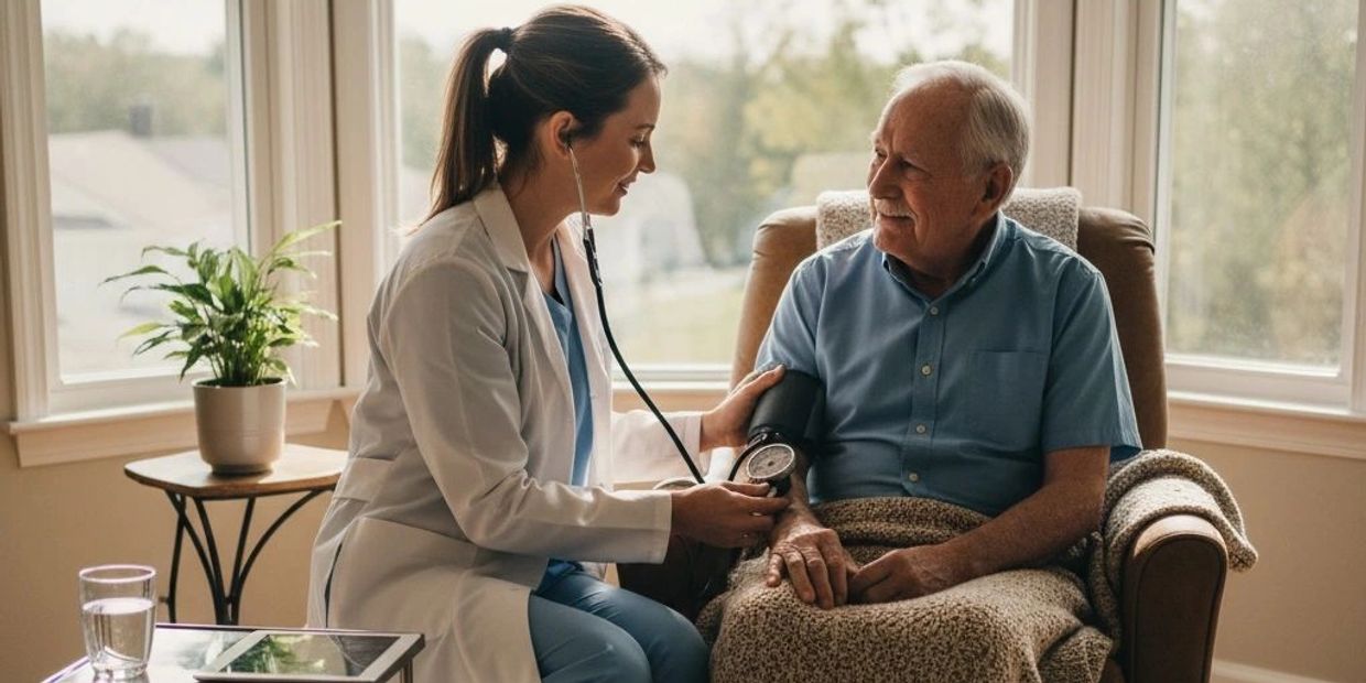 A healthcare professional checking an elderly man blood pressure at home.