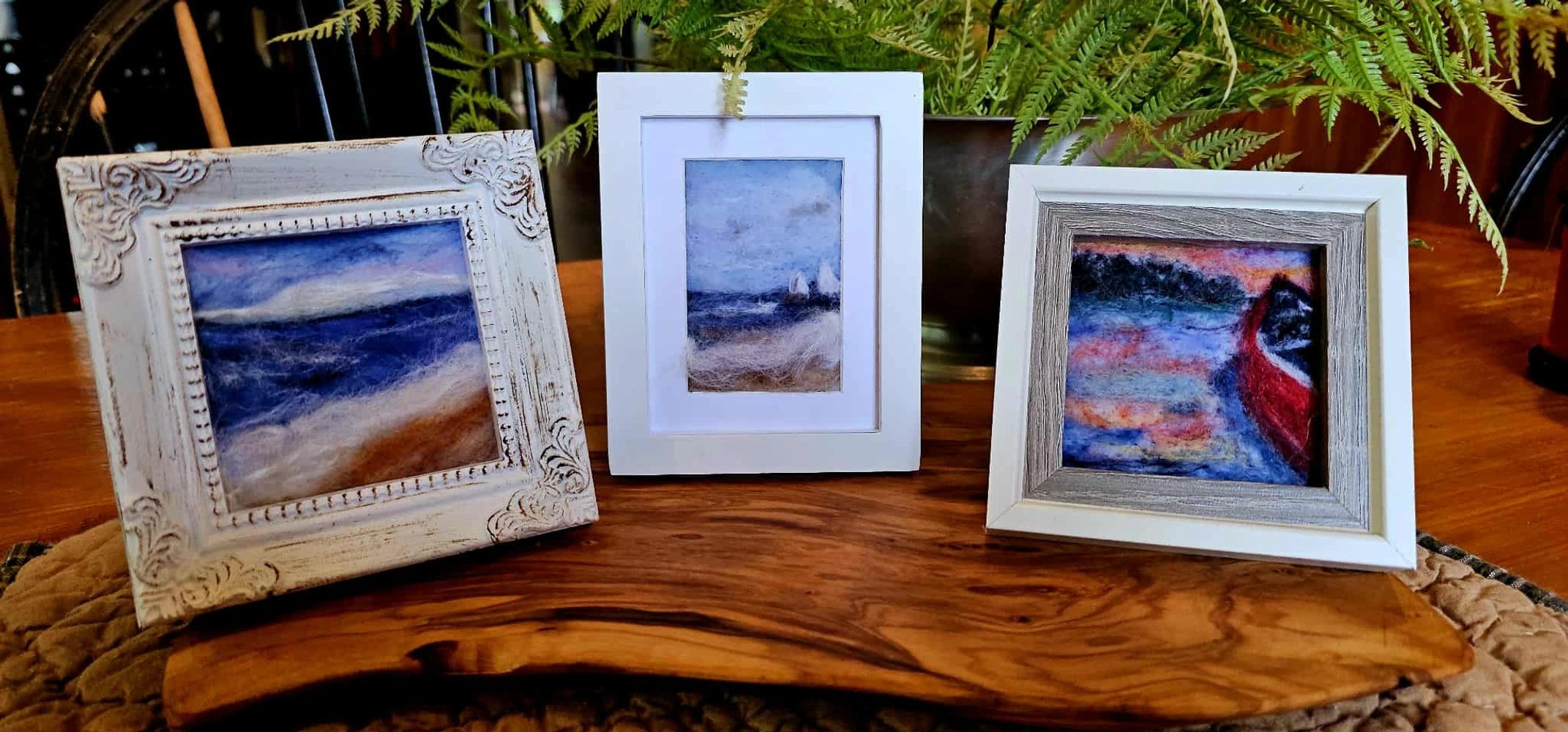 L-R:  Calm in the Storm, A Day on the Cape, Caressa's Canoe.  
Materials used: 100% Merino wool, Mul