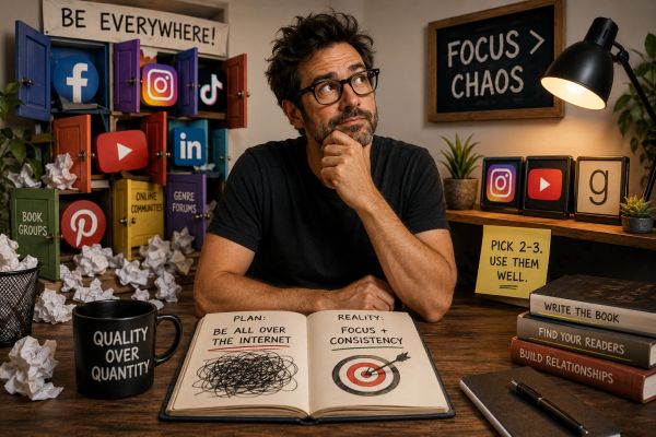 Man contemplating internet presence and focus strategies.