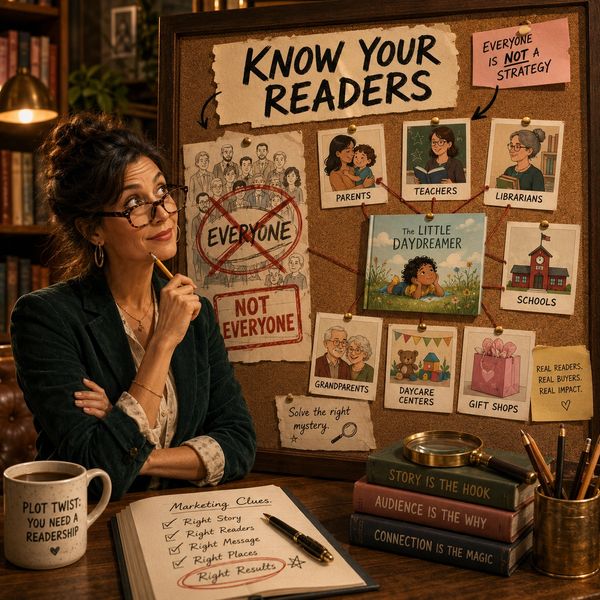 Woman analyzing reader types on a corkboard with a book and notes.