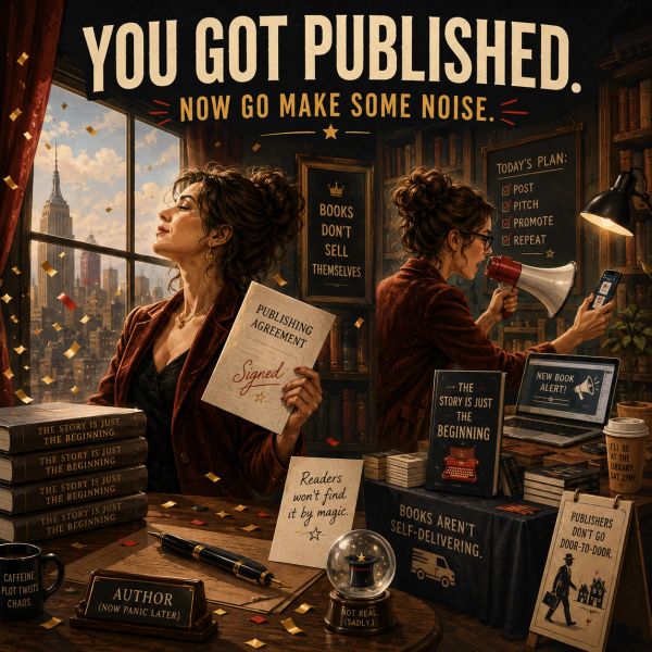 Author celebrates publishing success with a signed agreement and plans to promote their book.