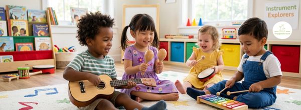 Four young children playing musical instruments together in a bright classroom.