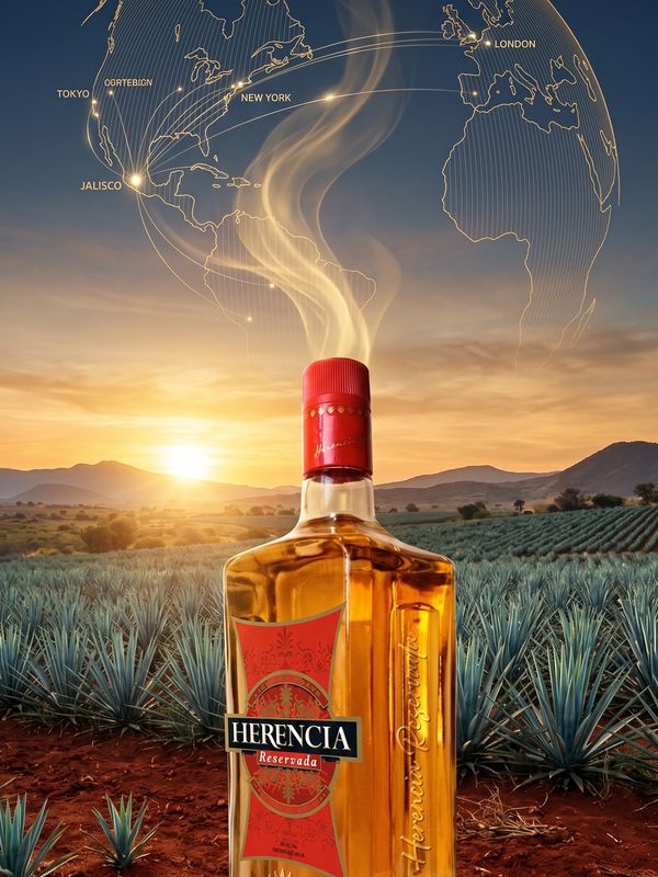 Herencia Reservada bottle with agave fields and global connections at sunset.