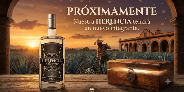 An announcement for a new member of the Herencia tequila family at sunset.