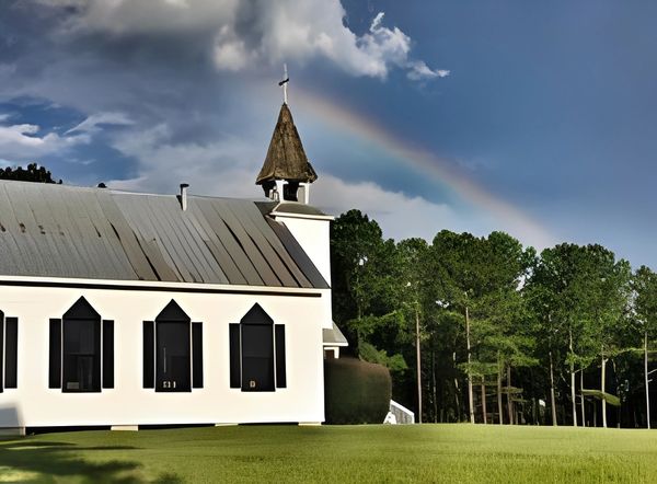 Church under a rainbow in nature.