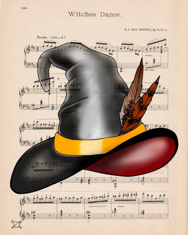 Witch hat on vintage sheet music