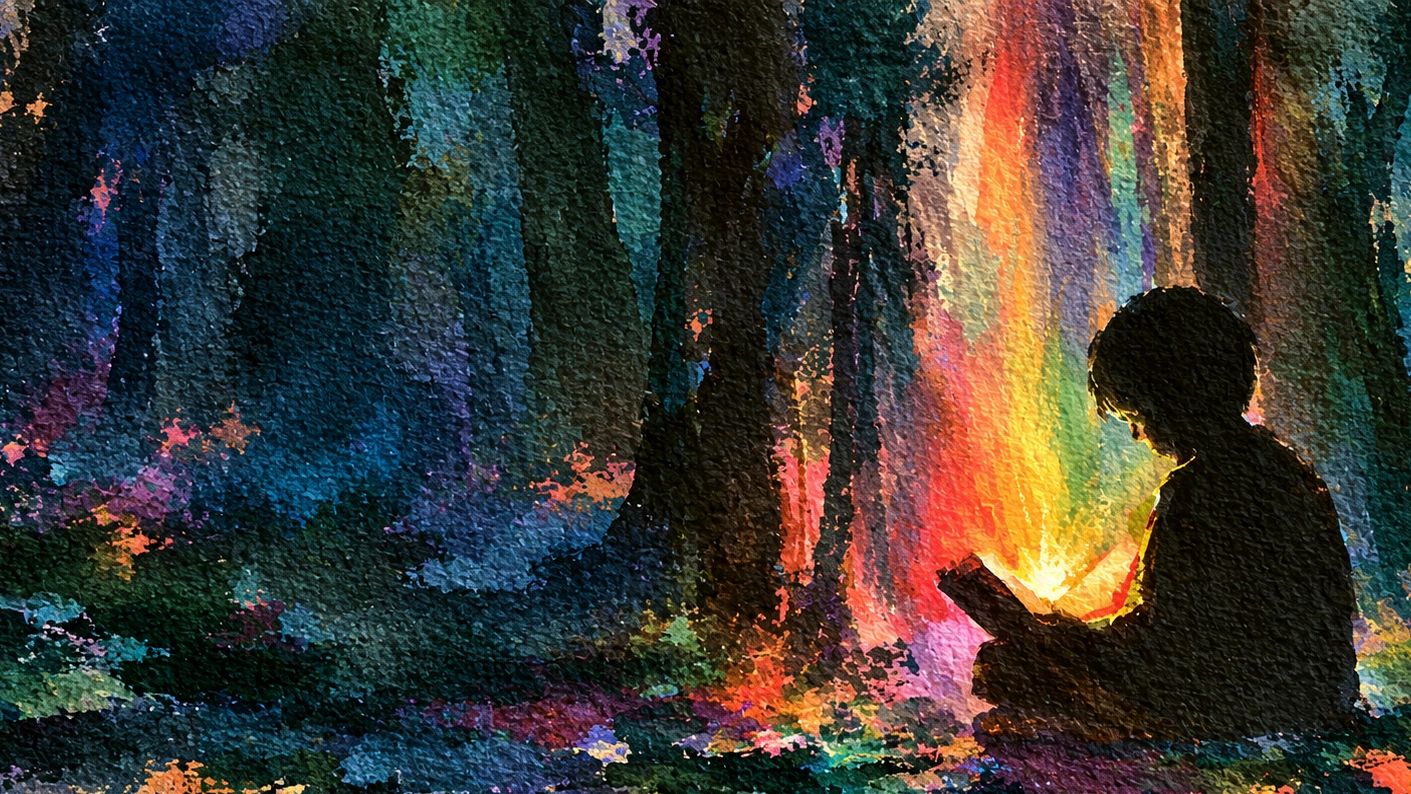 Child reading a glowing book in a colorful forest.