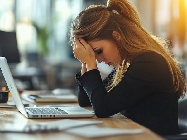 Stressed woman working on laptop, holding head in frustration.