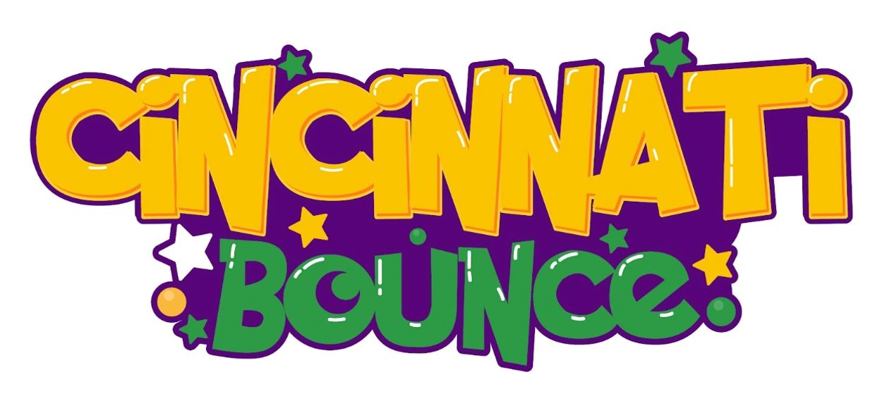 Logo of Cincinnati Bounce, featuring bold, stylized text in yellow and green with a purple outline a