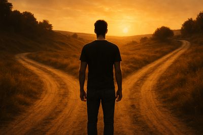 Man standing at a fork in the roads