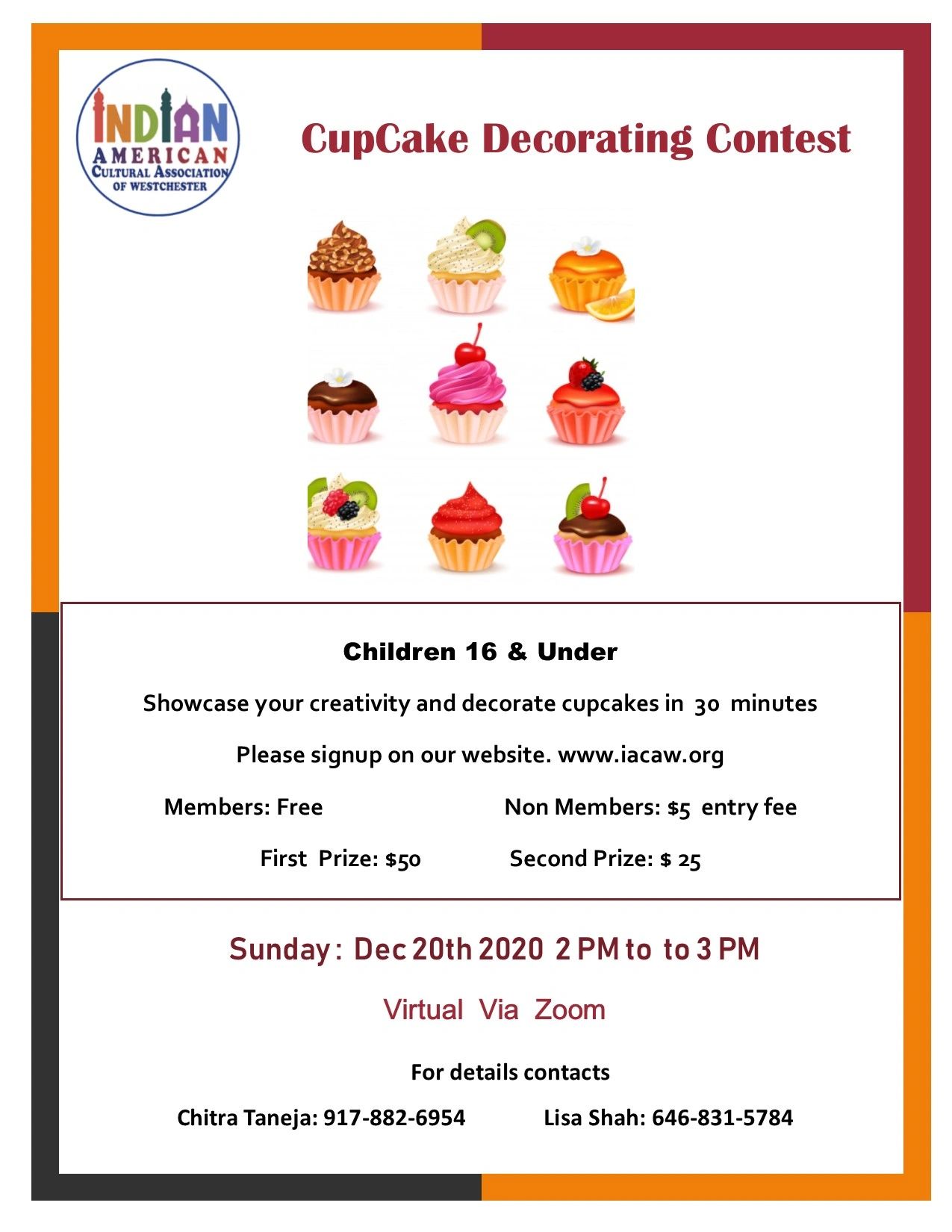 Cupcake decorating contest for children 16 & under, virtual via Zoom.