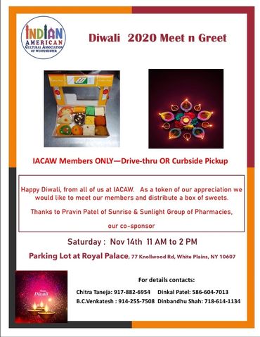 Flyer for Diwali 2020 Meet n Greet with sweets and diya arrangement.