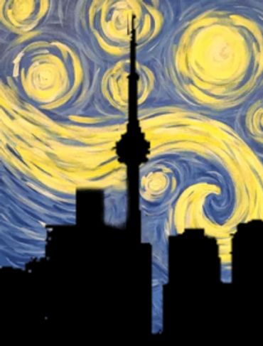 Van Gogh styled CN tower and Toronto skyline with swirling night sky