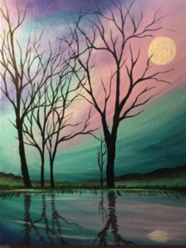 Night sky with full moon, bare trees on a still lake