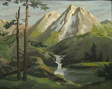 Painting of a tall mountains in a forest setting
