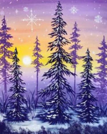 Purple winter sky with a setting sun and fir trees with snow