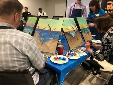 Paint Party with people painting a beach scene with the Art Factory