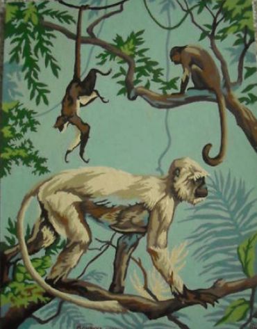 Old paint-by-numbers painting of three monkeys in a tree with hanging vines