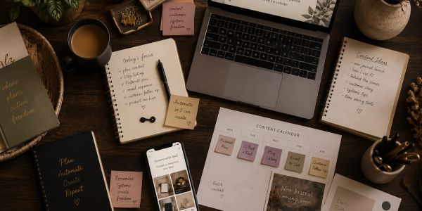 Workspace with a laptop, notebooks, coffee, and sticky notes.