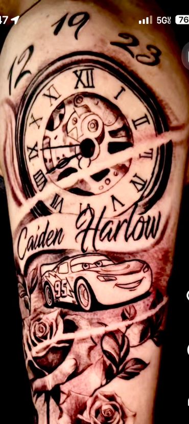 Tattoo with clock, name Caiden Harlow, cartoon car, and roses.