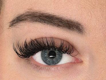 Close-up of an eye with long eyelashes and a well-shaped eyebrow.