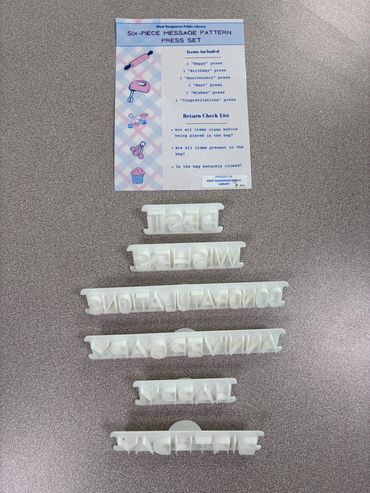 Cake message kit with happy, birthday, congratulations, anniversary, best, and wishes, wording.